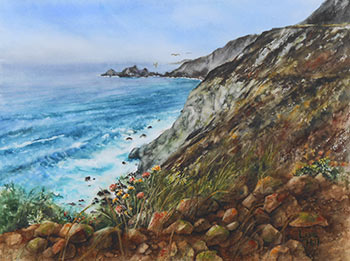 Rocky California coast in watercolor by Lisa Hill