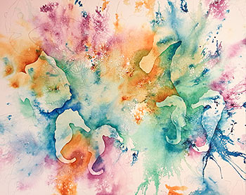 Watercolor demonstration of  negative painting of colorful fish by Lisa Hill step 2