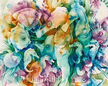 Watercolor demonstration of  negative painting of colorful fish by Lisa Hill step 3