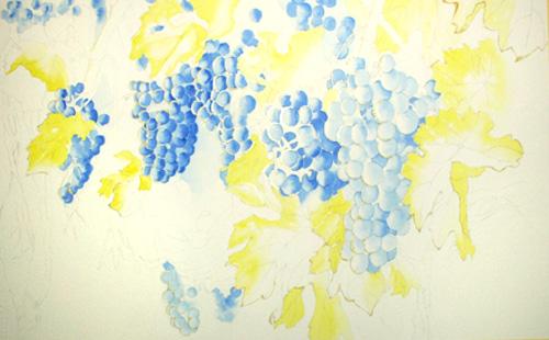 Watercolor painting demonstration of grapes on the vine - step 1