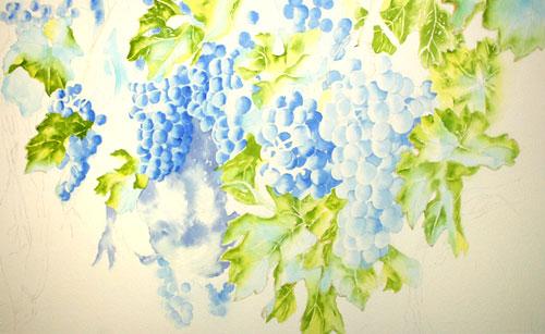 Watercolor painting demonstration of grapes on the vine - step 2