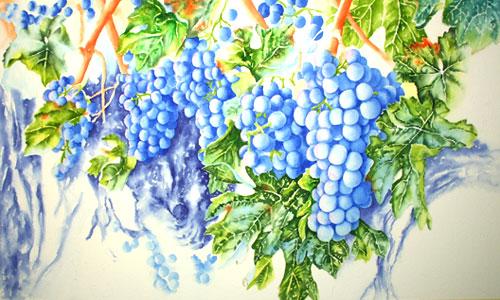 Watercolor painting demonstration of grapes on the vine - step 4