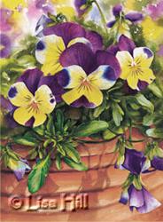 Watercolor painting of yellow and purple violas by artist Lisa Hill titled "Johnny Jump-ups"