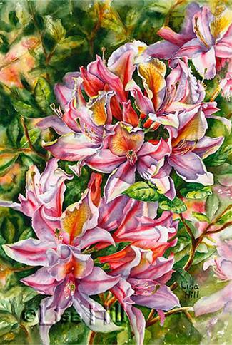 Pink and yellow azaleas in watercolor by artist Lisa Hill