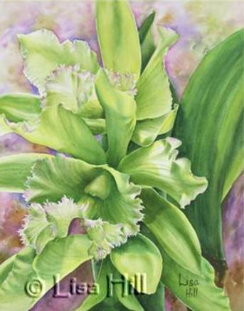 Step 5 of a demonstration of a watercolor painting of green Cattleya orchids by Lisa Hill
