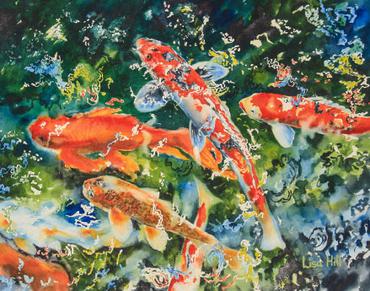 Watercolor painting by Lisa Hill of koi fish