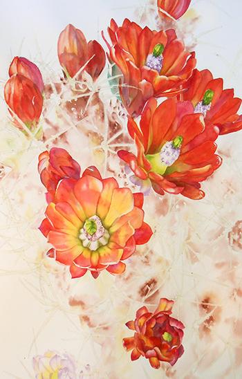 Watercolor demonstration of orange cactus flowers by Lisa Hill Step 4