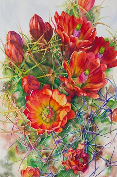 Watercolor demonstration of orange cactus flowers by Lisa Hill Step 6
