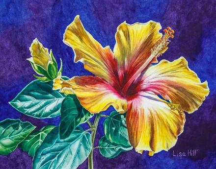 Watercolor demo of yellow hibiscus step 5 by artist Lisa Hill